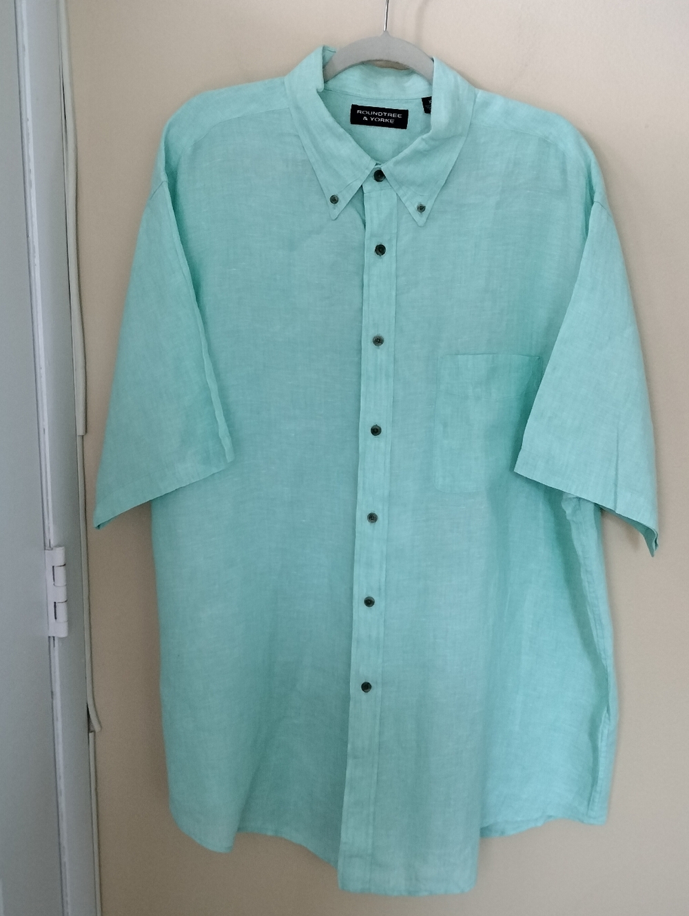 Roundtree & Yorke Cyan Mint Green Button Down Linen Shirt XL Vacation Resort